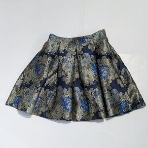 Guess L.A. A Line Pleated Skirt in Blue/Gold Floral Brocade, Size 27" waist